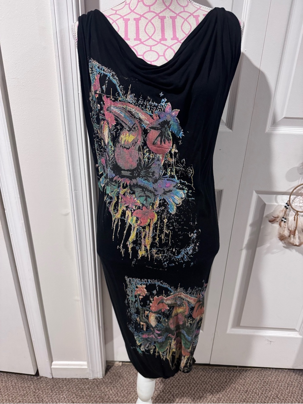 Black Draped Tank Dress with Pastel Floral Print